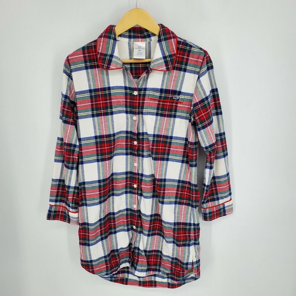 Vineyard Vines Womens Jolly Plaid Flannel Lounge Sleep Shirtdress Size Small